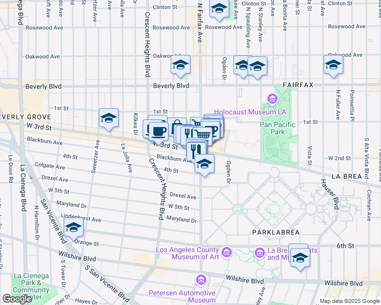 map of restaurants, bars, coffee shops, grocery stores, and more near 7911 Blackburn Avenue in Los Angeles