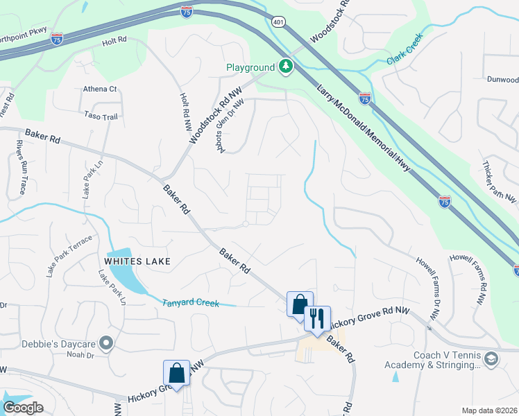 map of restaurants, bars, coffee shops, grocery stores, and more near 2820 Baker Drive in Acworth