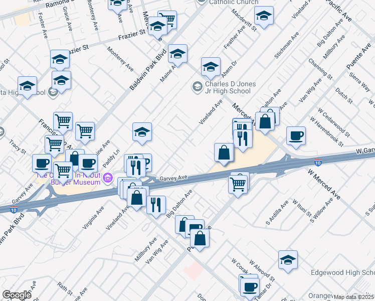 map of restaurants, bars, coffee shops, grocery stores, and more near 3160 Vineland Avenue in Baldwin Park