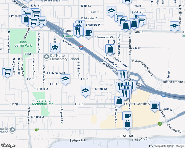 map of restaurants, bars, coffee shops, grocery stores, and more near 1675 East G Street in Ontario