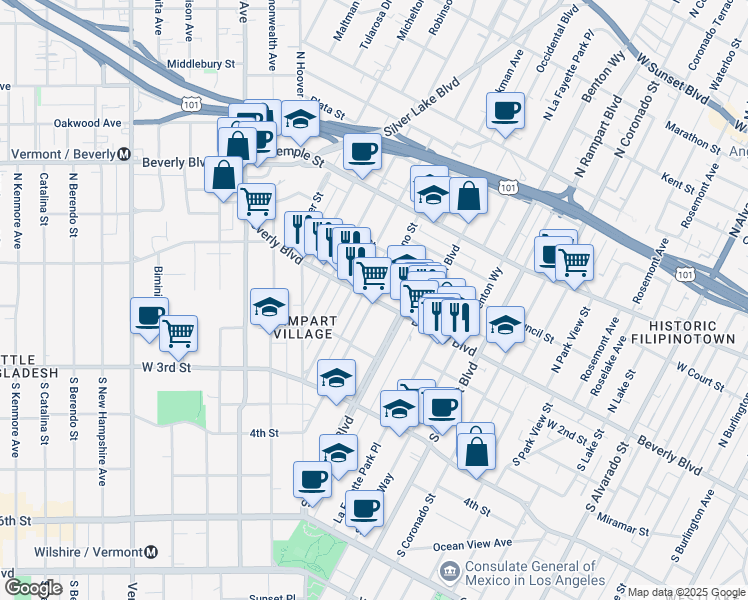 map of restaurants, bars, coffee shops, grocery stores, and more near Beverly Blvd & S Reno St in Los Angeles