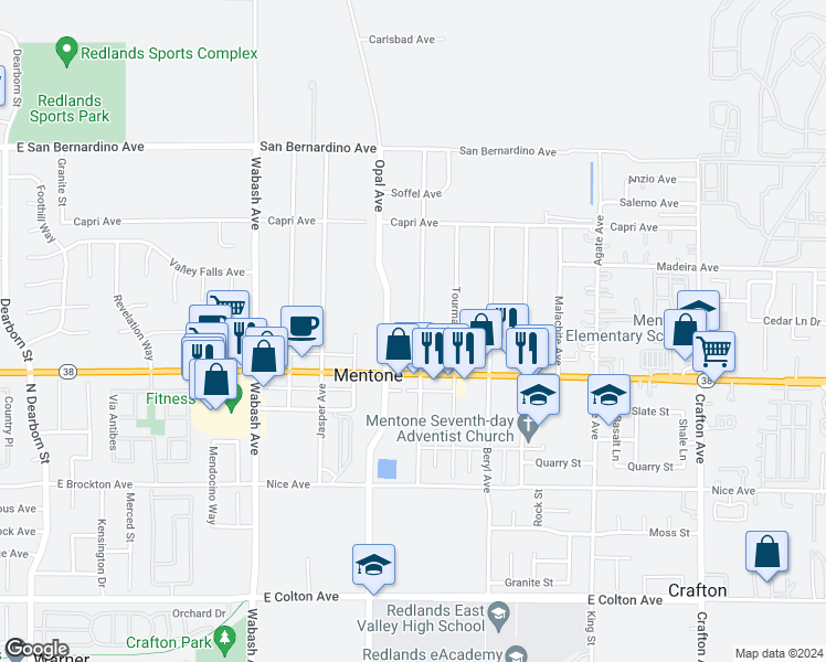 map of restaurants, bars, coffee shops, grocery stores, and more near 1331 Turquoise Avenue in Mentone