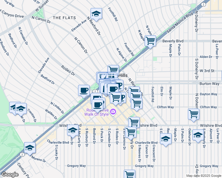 map of restaurants, bars, coffee shops, grocery stores, and more near 9400 Brighton Way in Beverly Hills