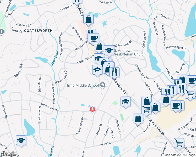 map of restaurants, bars, coffee shops, grocery stores, and more near 6051 Wescott Road in Columbia