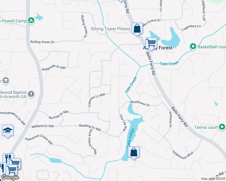 map of restaurants, bars, coffee shops, grocery stores, and more near 817 Moonlit Lane Northwest in Acworth
