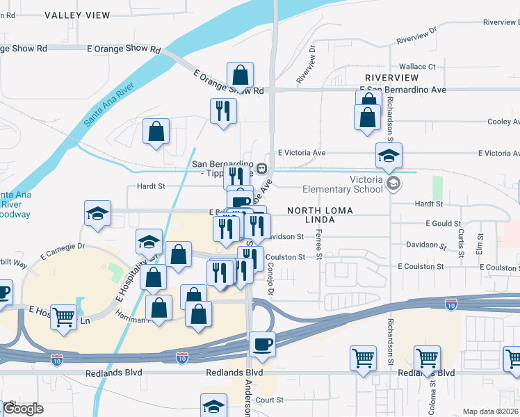map of restaurants, bars, coffee shops, grocery stores, and more near 1164 Gould Street in San Bernardino