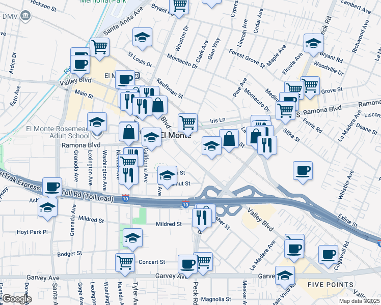 map of restaurants, bars, coffee shops, grocery stores, and more near in El Monte