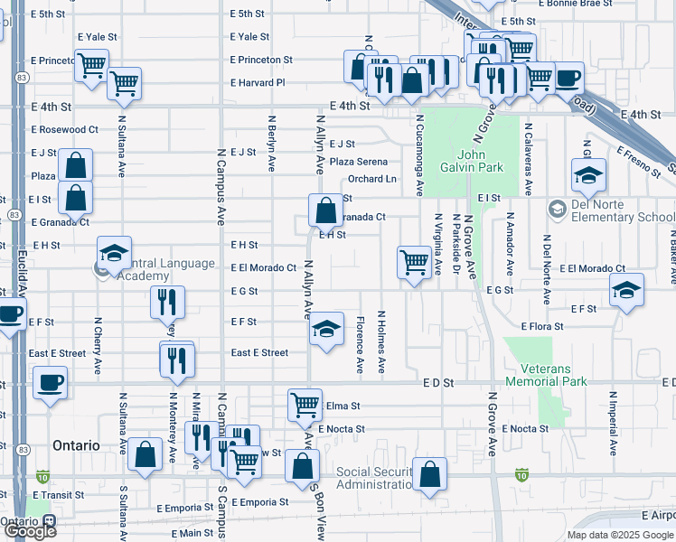 map of restaurants, bars, coffee shops, grocery stores, and more near 724 North Greenwood Avenue in Ontario