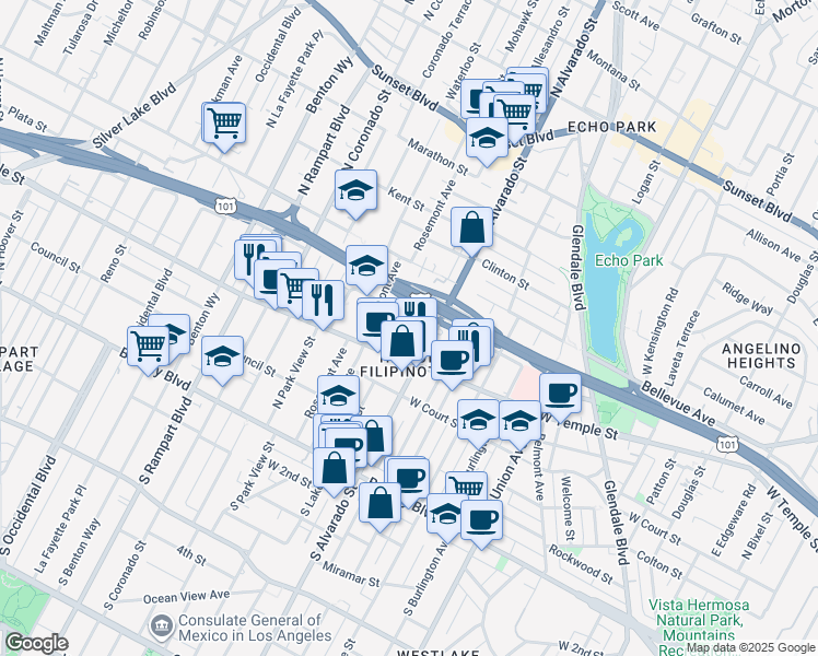 map of restaurants, bars, coffee shops, grocery stores, and more near 434 North Lake Street in Los Angeles