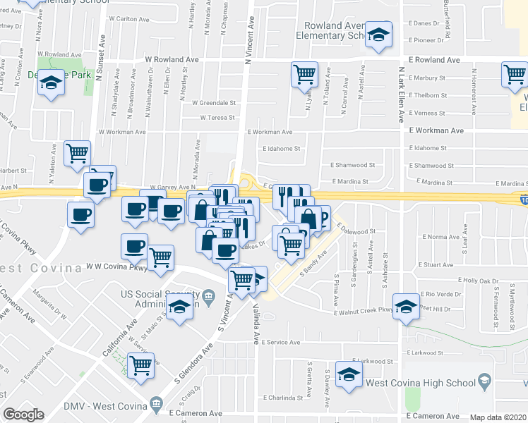 map of restaurants, bars, coffee shops, grocery stores, and more near 940 Lakes Drive in West Covina
