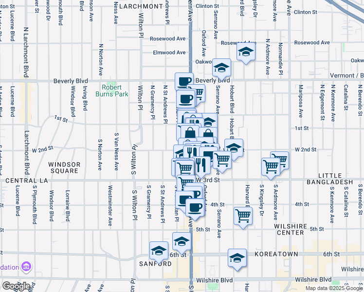 map of restaurants, bars, coffee shops, grocery stores, and more near 154 South Manhattan Place in Los Angeles