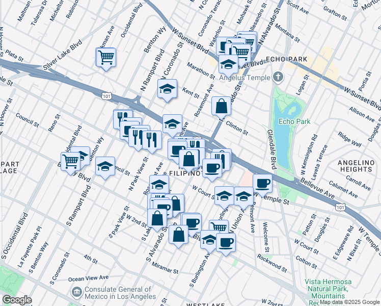map of restaurants, bars, coffee shops, grocery stores, and more near 236 North Lake Street in Los Angeles