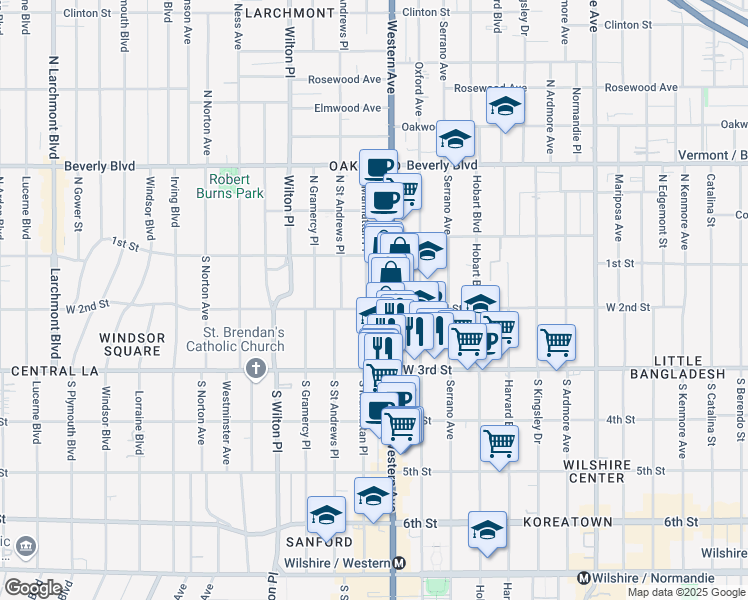 map of restaurants, bars, coffee shops, grocery stores, and more near 154 South Manhattan Place in Los Angeles