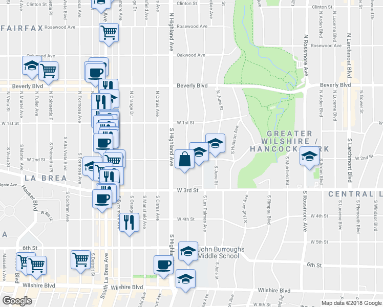 map of restaurants, bars, coffee shops, grocery stores, and more near 172 South Mc Cadden Place in Los Angeles