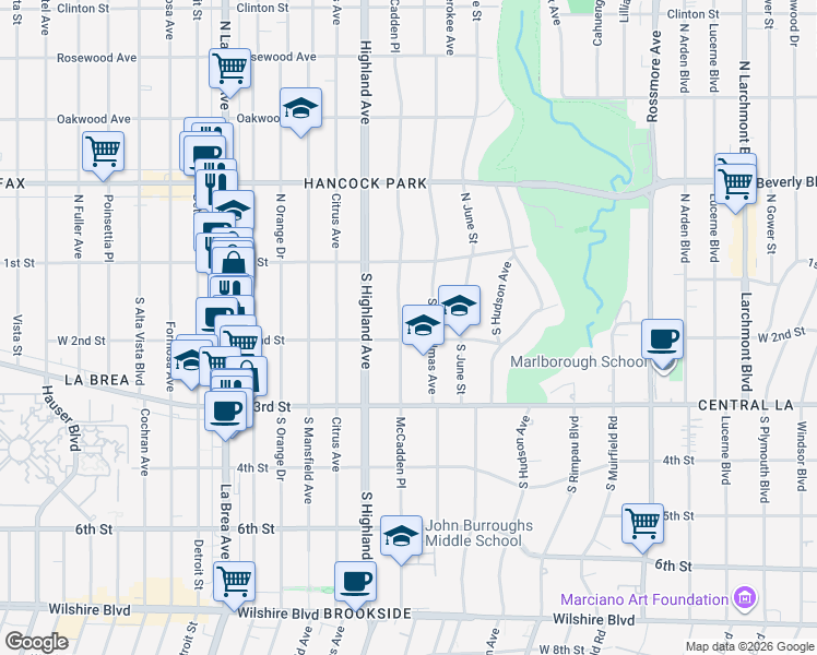 map of restaurants, bars, coffee shops, grocery stores, and more near 172 South Mc Cadden Place in Los Angeles