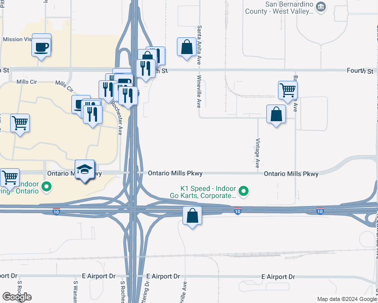 map of restaurants, bars, coffee shops, grocery stores, and more near 5125 Ontario Mills Parkway in Ontario