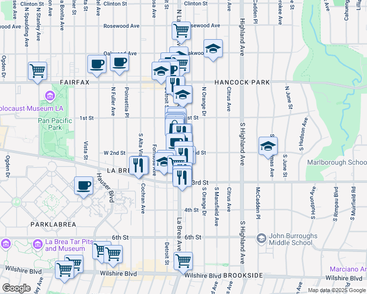 map of restaurants, bars, coffee shops, grocery stores, and more near 165 South La Brea Avenue in Los Angeles