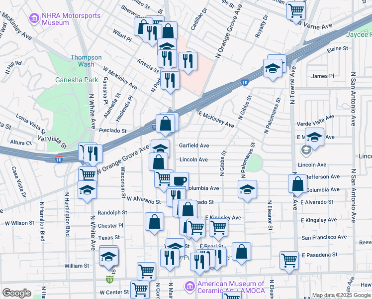 map of restaurants, bars, coffee shops, grocery stores, and more near 150 Garfield Avenue in Pomona