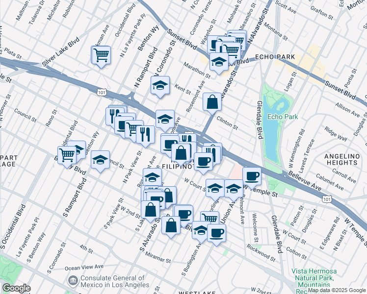 map of restaurants, bars, coffee shops, grocery stores, and more near 434 North Lake Street in Los Angeles