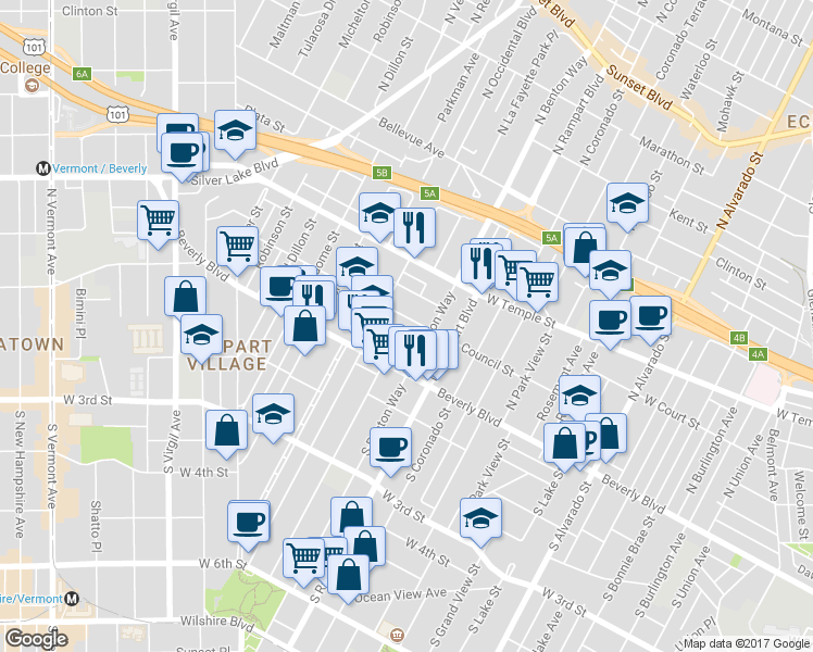 map of restaurants, bars, coffee shops, grocery stores, and more near 2726 Council Street in Los Angeles