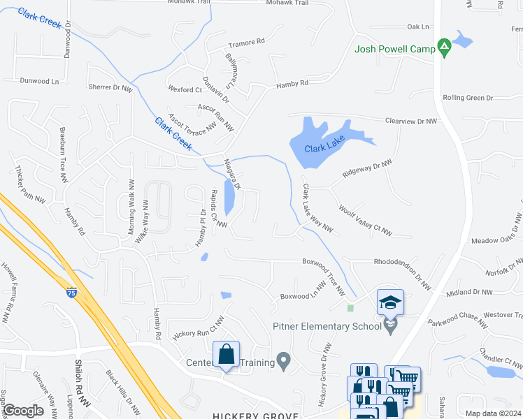 map of restaurants, bars, coffee shops, grocery stores, and more near 4960 Niagara Dr NW in Acworth