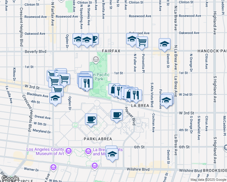 map of restaurants, bars, coffee shops, grocery stores, and more near 170 South Gardner Street in Los Angeles
