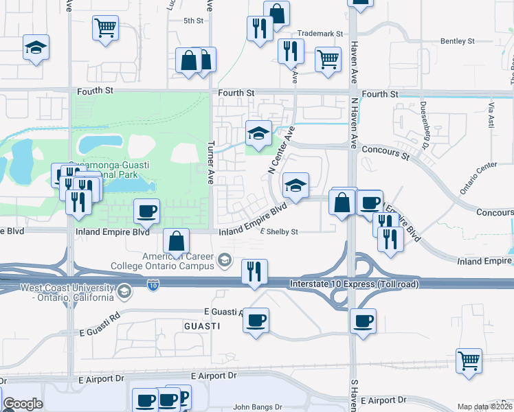 map of restaurants, bars, coffee shops, grocery stores, and more near 3230 Triumph Lane in Ontario