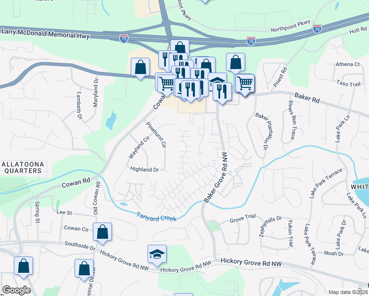 map of restaurants, bars, coffee shops, grocery stores, and more near 240 Windcroft Lane Northwest in Acworth