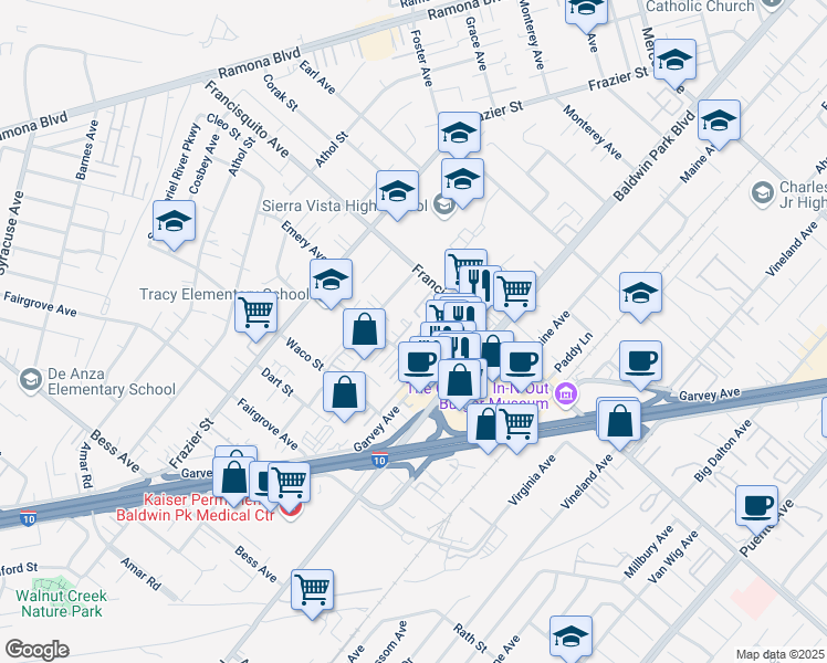 map of restaurants, bars, coffee shops, grocery stores, and more near 13449 Tracy Street in Baldwin Park