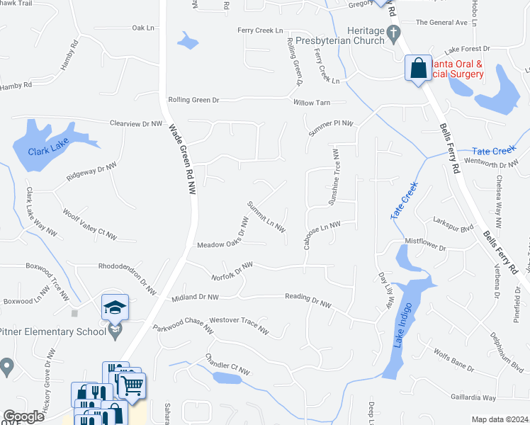 map of restaurants, bars, coffee shops, grocery stores, and more near 1364 Summit Lane Northwest in Acworth