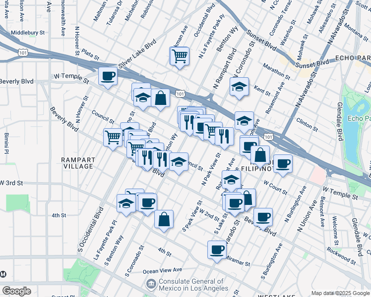 map of restaurants, bars, coffee shops, grocery stores, and more near 226 North Rampart Boulevard in Los Angeles