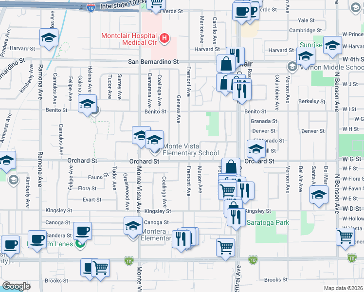 map of restaurants, bars, coffee shops, grocery stores, and more near 10057 Geneva Avenue in Montclair