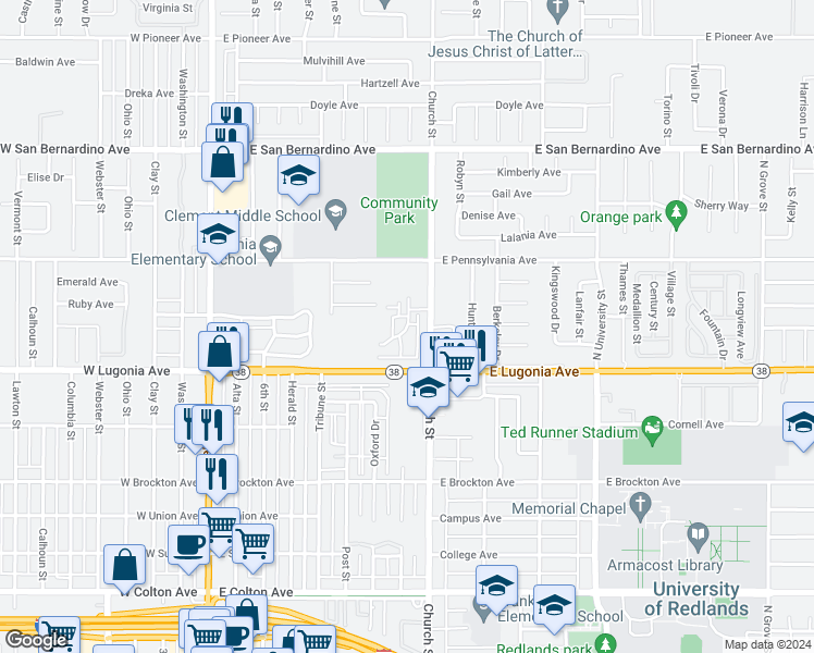 map of restaurants, bars, coffee shops, grocery stores, and more near 663 Church Place in Redlands