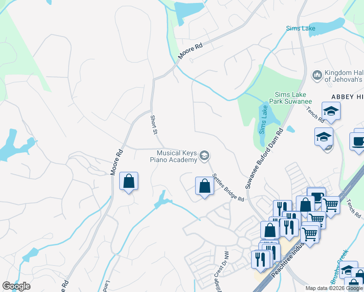 map of restaurants, bars, coffee shops, grocery stores, and more near 4581 Settles Bridge Road in Suwanee