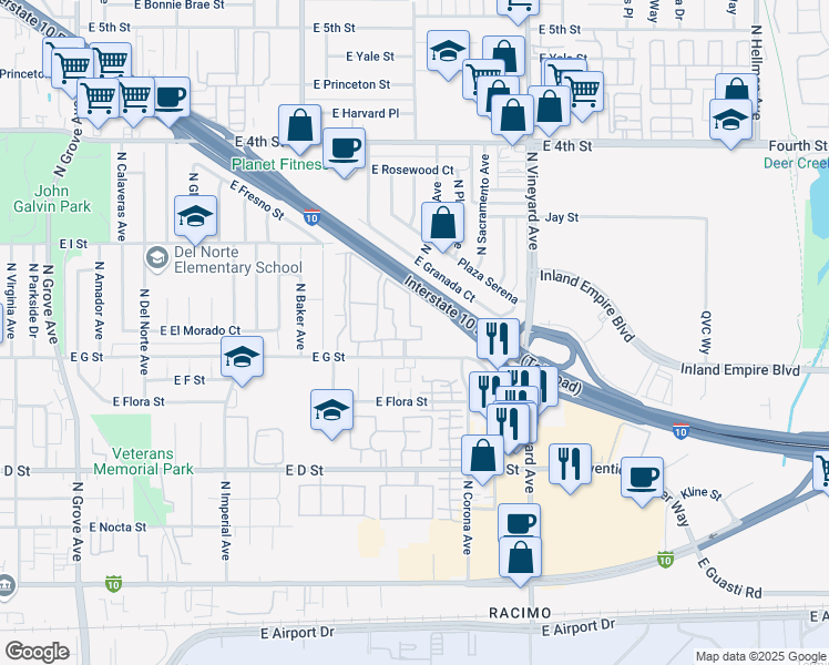 map of restaurants, bars, coffee shops, grocery stores, and more near 1801 East G Street in Ontario