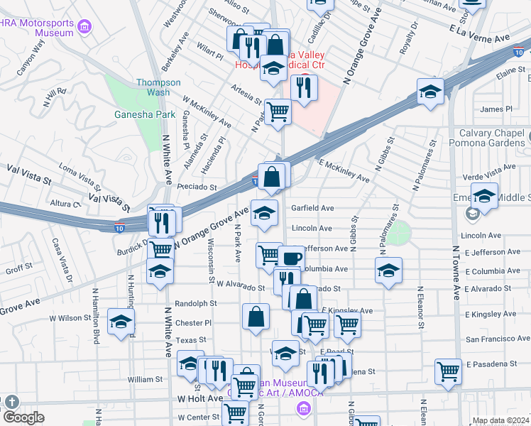 map of restaurants, bars, coffee shops, grocery stores, and more near 1354 North Gordon Street in Pomona