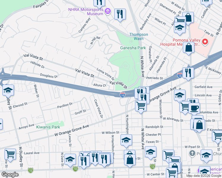map of restaurants, bars, coffee shops, grocery stores, and more near 703 Loma Vista Street in Pomona