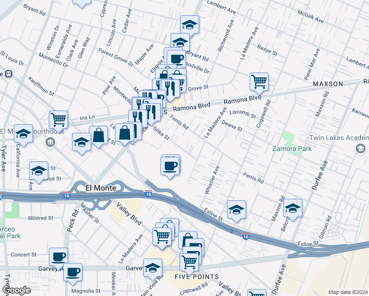 map of restaurants, bars, coffee shops, grocery stores, and more near 11745 Sitka Street in El Monte