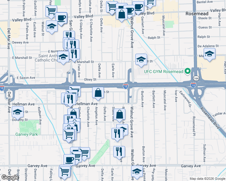 map of restaurants, bars, coffee shops, grocery stores, and more near 3436 Earle Avenue in Rosemead