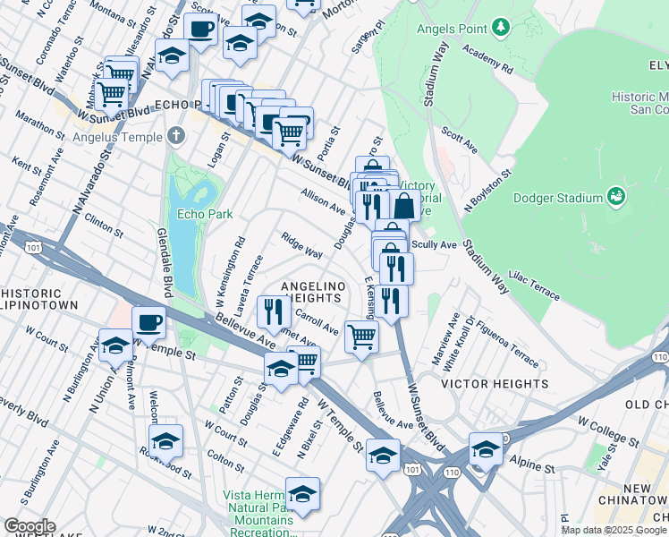 map of restaurants, bars, coffee shops, grocery stores, and more near 916 Douglas Street in Los Angeles