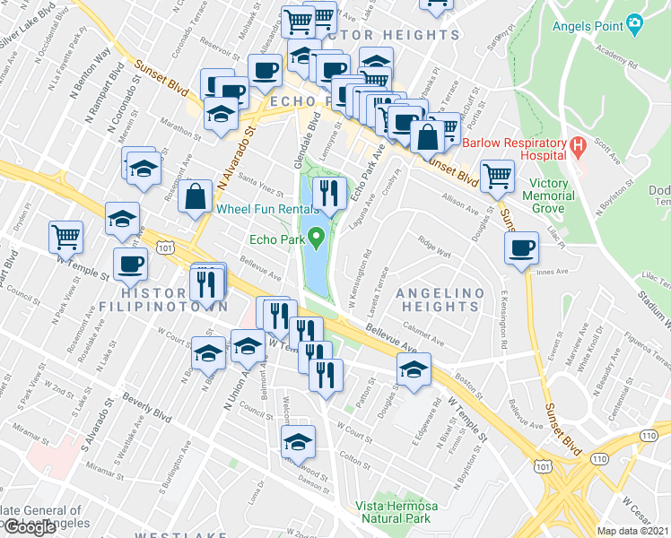 map of restaurants, bars, coffee shops, grocery stores, and more near 650 Echo Park Avenue in Los Angeles
