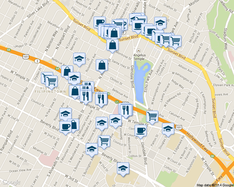 map of restaurants, bars, coffee shops, grocery stores, and more near 518 North Bonnie Brae Street in Los Angeles