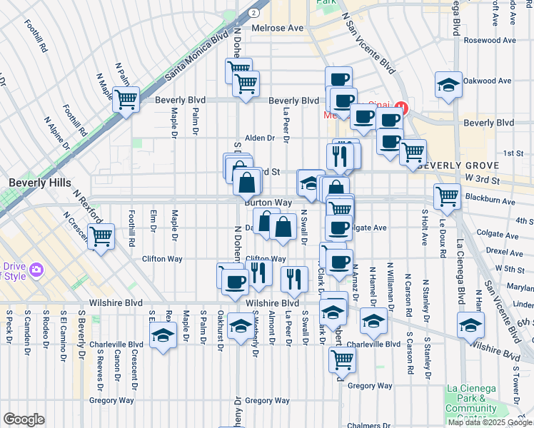 map of restaurants, bars, coffee shops, grocery stores, and more near 302 North Almont Drive in Beverly Hills
