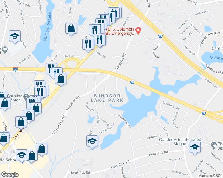 map of restaurants, bars, coffee shops, grocery stores, and more near 215 Windsor Point Road in Columbia