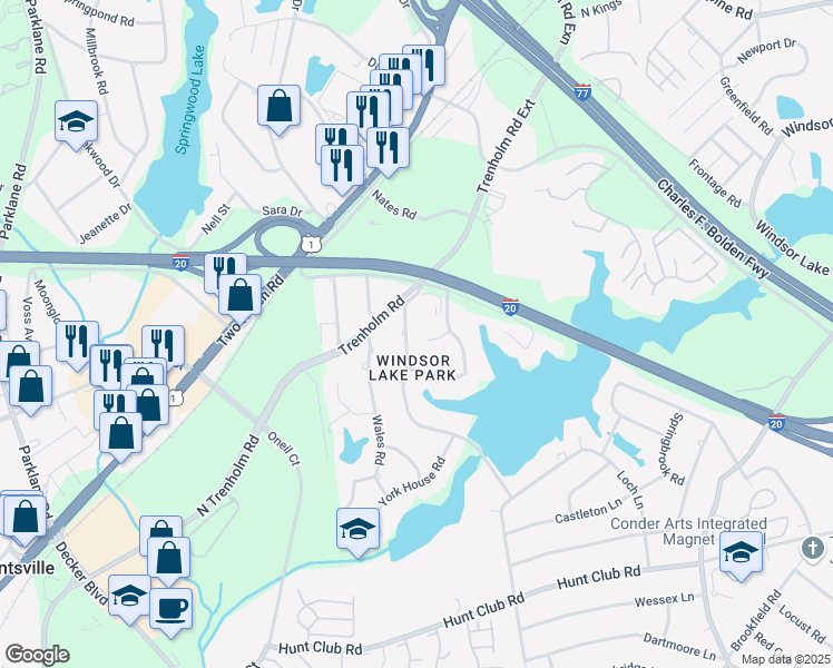 map of restaurants, bars, coffee shops, grocery stores, and more near 2904 Chatsworth Road in Columbia