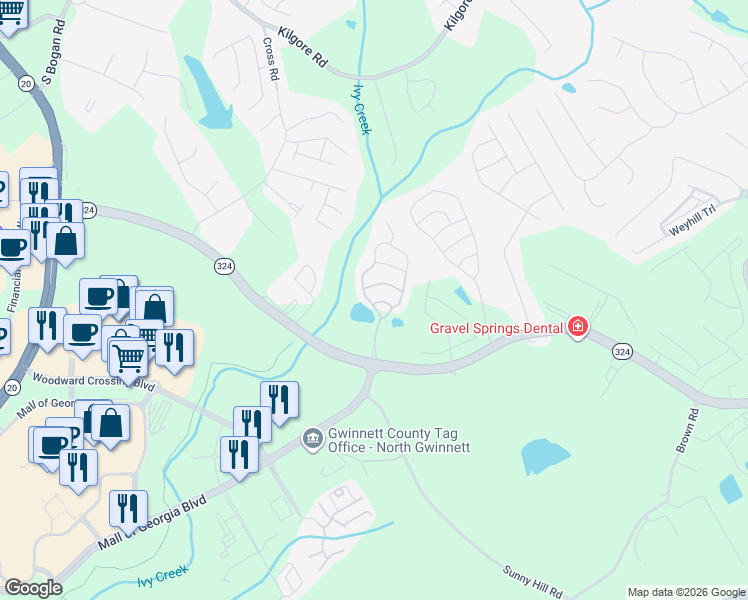 map of restaurants, bars, coffee shops, grocery stores, and more near 2102 Waterleaf Drive in Buford