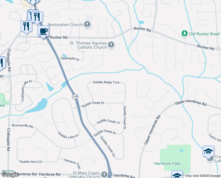 map of restaurants, bars, coffee shops, grocery stores, and more near 935 Saddle Ridge Court in Roswell