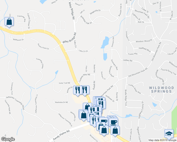map of restaurants, bars, coffee shops, grocery stores, and more near 4998 Fitts Drive in Roswell