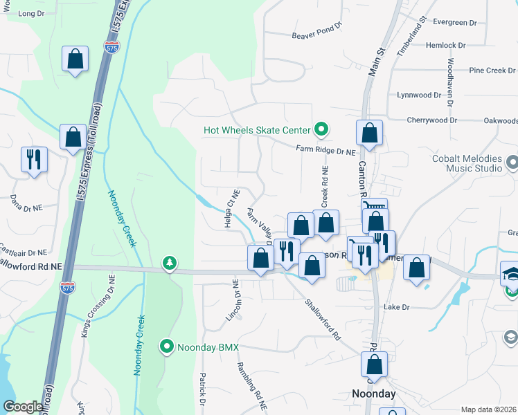 map of restaurants, bars, coffee shops, grocery stores, and more near 4910 Farm Valley Drive Northeast in Woodstock