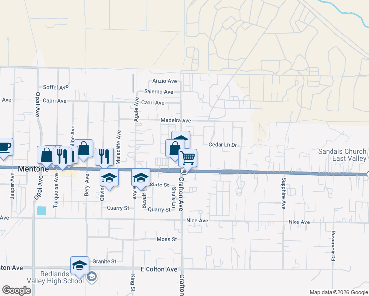 map of restaurants, bars, coffee shops, grocery stores, and more near 1320 Crafton Avenue in Mentone